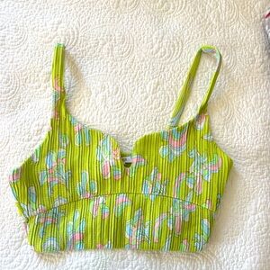 Zara green floral paisley retro printed pleated crop tank top size S